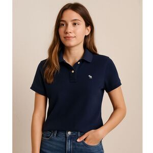 Y2k Abercrombie & Fitch Short Sleeve Polo Womens Size L 2 Button Navy Moose Logo
